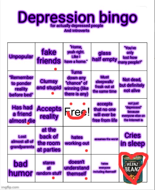 I LOVE YOU HIENZ BEANS!! | image tagged in depressed and introvert bingo | made w/ Imgflip meme maker