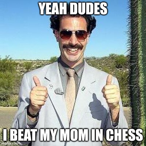 lets celebrate in the comments | YEAH DUDES; I BEAT MY MOM IN CHESS | image tagged in yay,let celebrate | made w/ Imgflip meme maker