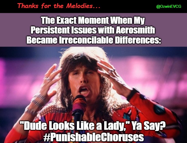 Thanks for the Melodies... | @OzwinEVCG; Thanks for the Melodies... The Exact Moment When My 
Persistent Issues with Aerosmith 
Became Irreconcilable Differences:; "Dude Looks Like a Lady," Ya Say? 
#PunishableChoruses | image tagged in aerosmith,thanks for the memories,trolling,in my humble opinion,rock and eyeroll,clown world early years | made w/ Imgflip meme maker