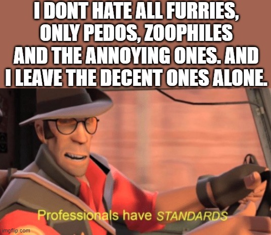 Professionals have standards | I DONT HATE ALL FURRIES, ONLY PEDOS, ZOOPHILES AND THE ANNOYING ONES. AND I LEAVE THE DECENT ONES ALONE. | image tagged in professionals have standards | made w/ Imgflip meme maker