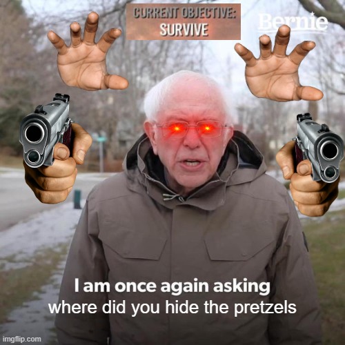 Bernie I Am Once Again Asking For Your Support | where did you hide the pretzels | image tagged in memes,bernie i am once again asking for your support | made w/ Imgflip meme maker