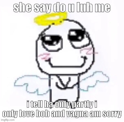 angelically | she say do u luh me; i tell ha only partly i only love bob and vagna am sorry | image tagged in angelically | made w/ Imgflip meme maker