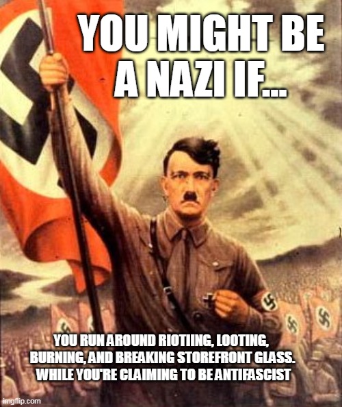 hitler nazi flag | YOU MIGHT BE
A NAZI IF... YOU RUN AROUND RIOTIING, LOOTING, 
BURNING, AND BREAKING STOREFRONT GLASS.

 WHILE YOU'RE CLAIMING TO BE ANTIFASCIST | image tagged in hitler nazi flag | made w/ Imgflip meme maker