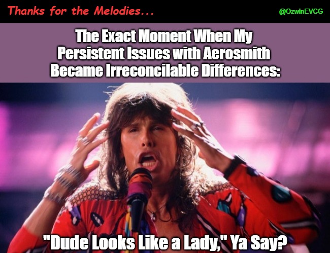 Thanks for the Melodies... [AV&T] | @OzwinEVCG; Thanks for the Melodies... The Exact Moment When My 

Persistent Issues with Aerosmith 

Became Irreconcilable Differences:; "Dude Looks Like a Lady," Ya Say? | image tagged in self-awareness,aerosmith,trolling,humble opinion,clown world early years,thanks for the memories | made w/ Imgflip meme maker