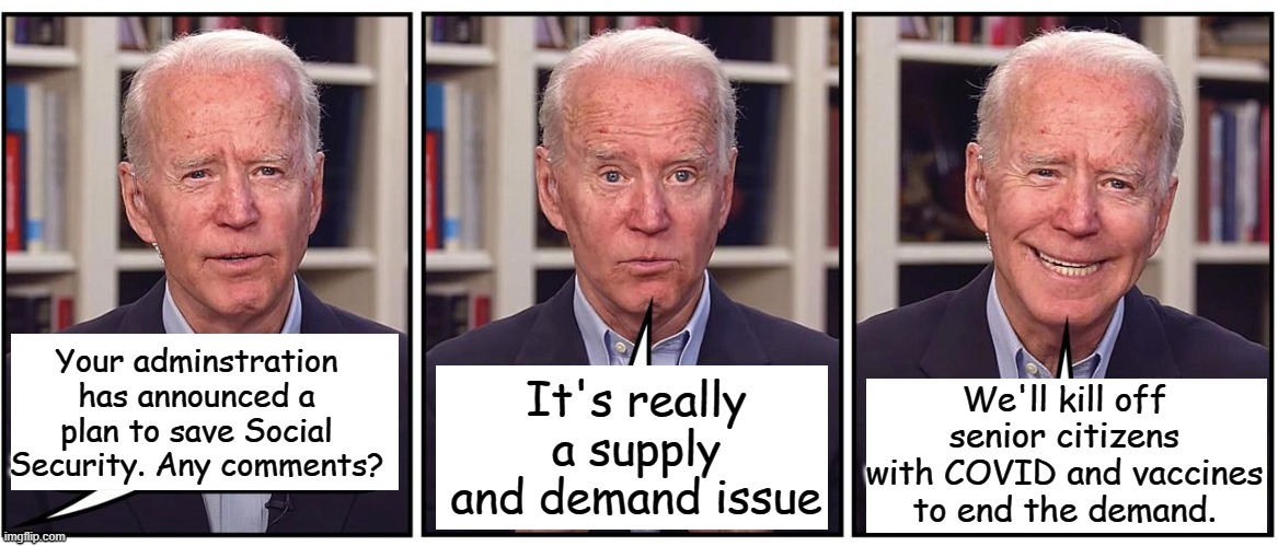 There is an adult in the room somewhere, just not in the White House... | It's really a supply and demand issue; We'll kill off senior citizens with COVID and vaccines to end the demand. Your adminstration has announced a plan to save Social Security. Any comments? | image tagged in biden cartoon | made w/ Imgflip meme maker