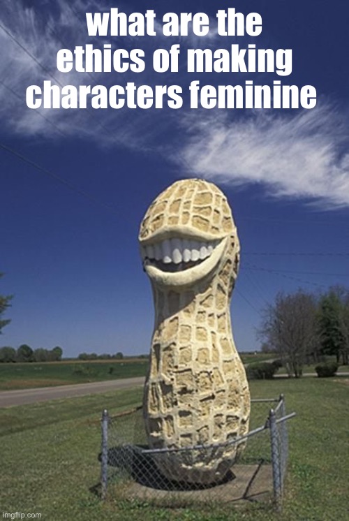 nut | what are the ethics of making characters feminine | image tagged in nut | made w/ Imgflip meme maker