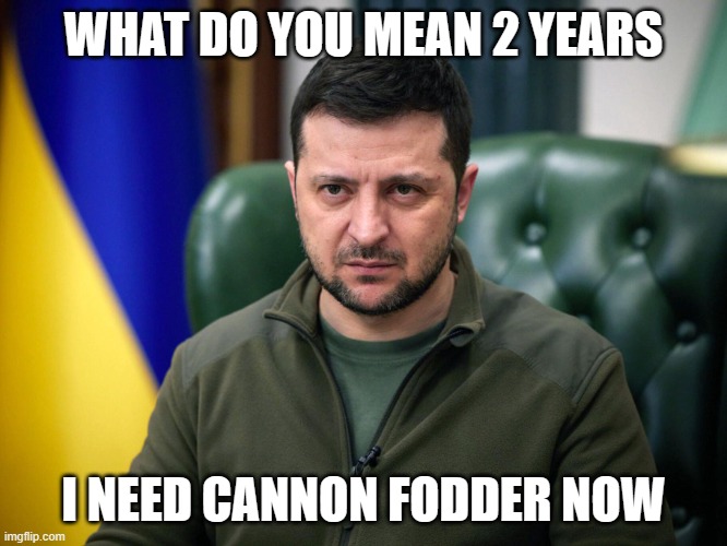 Selensky | WHAT DO YOU MEAN 2 YEARS I NEED CANNON FODDER NOW | image tagged in selensky | made w/ Imgflip meme maker