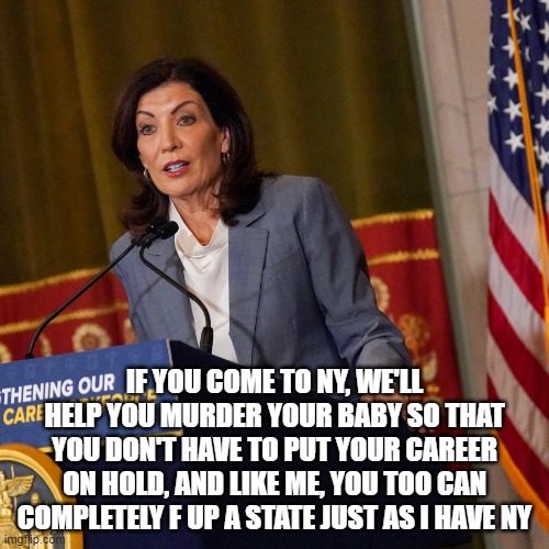 NY Governor Kathy Hochul encourages women everywhere to reach for their career dreams to bring about the nightmares of others | IF YOU COME TO NY, WE'LL HELP YOU MURDER YOUR BABY SO THAT YOU DON'T HAVE TO PUT YOUR CAREER ON HOLD, AND LIKE ME, YOU TOO CAN COMPLETELY F UP A STATE JUST AS I HAVE NY | image tagged in kathy hochul,new york,abortion,planned parenthood,politics,democrats | made w/ Imgflip meme maker