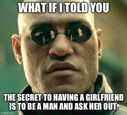 It worked for me. | WHAT IF I TOLD YOU; THE SECRET TO HAVING A GIRLFRIEND IS TO BE A MAN AND ASK HER OUT. | image tagged in what if i told you | made w/ Imgflip meme maker