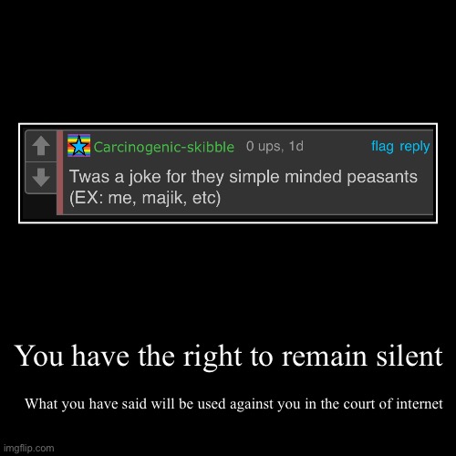 You have the right to remain silent | What you have said will be used against you in the court of internet | image tagged in funny,demotivationals | made w/ Imgflip demotivational maker