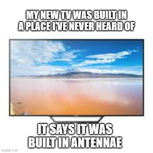 meme by Brad where my TV was made | MY NEW TV WAS BUILT IN A PLACE I'VE NEVER HEARD OF; IT SAYS IT WAS BUILT IN ANTENNAE | image tagged in television,funny meme,humor,humor memes | made w/ Imgflip meme maker