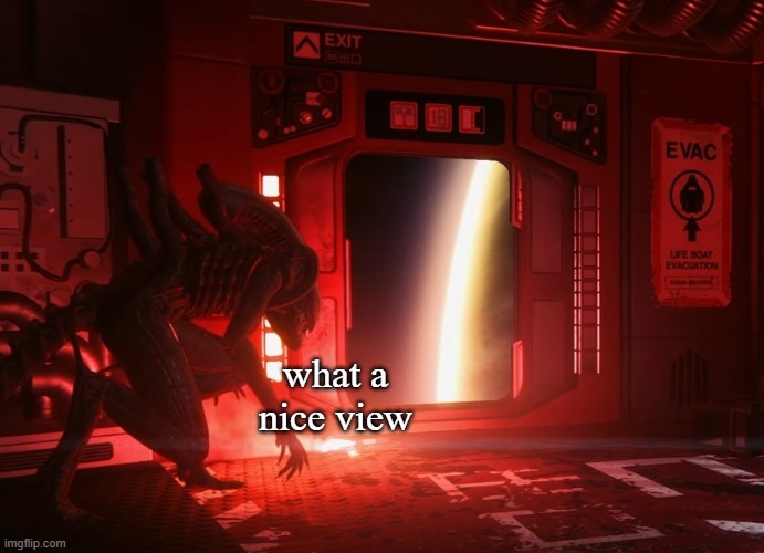 what a view | what a nice view | image tagged in xenomorph next to exit | made w/ Imgflip meme maker