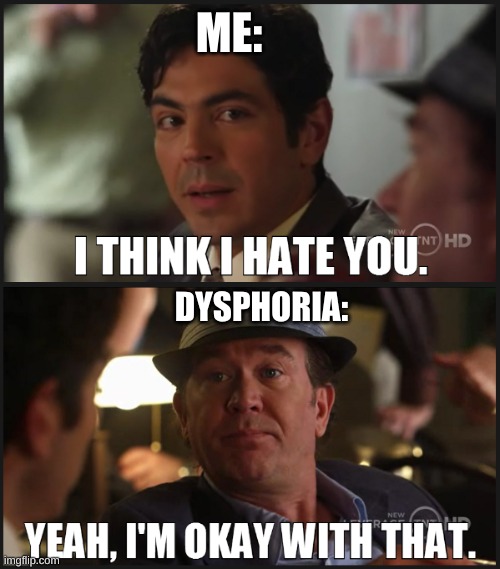 Leverage I think I hate you | ME:; DYSPHORIA: | image tagged in leverage i think i hate you | made w/ Imgflip meme maker