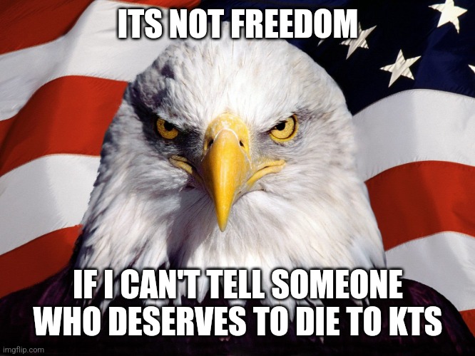 Daily dose of cringe (Fuck you shitmids) | ITS NOT FREEDOM; IF I CAN'T TELL SOMEONE WHO DESERVES TO DIE TO KTS | image tagged in freedom eagle,cringe,more cringe,cringy,cringelord,cring time | made w/ Imgflip meme maker