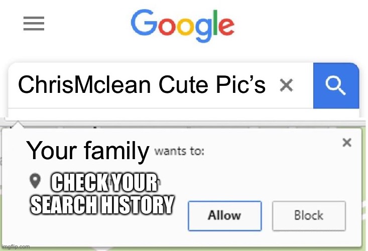 I’ll sow my search history if this get to 45 upvotes | ChrisMclean Cute Pic’s; Your family; CHECK YOUR SEARCH HISTORY | image tagged in wants to know your location | made w/ Imgflip meme maker