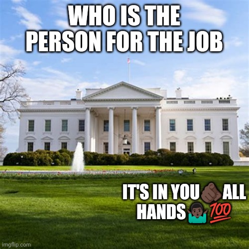 Jroc113 | WHO IS THE PERSON FOR THE JOB; IT'S IN YOU🫵🏿ALL HANDS🤷🏿‍♂️💯 | image tagged in whitehouse | made w/ Imgflip meme maker