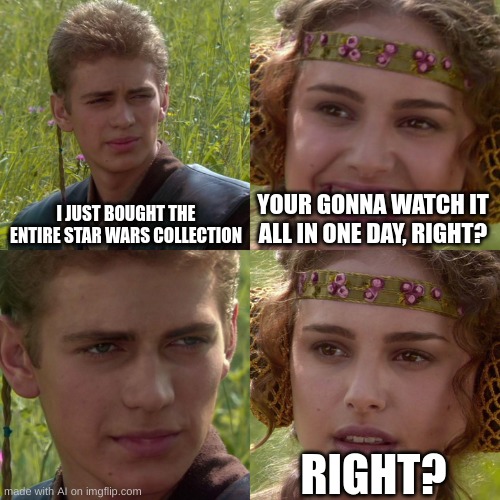 Idk | I JUST BOUGHT THE ENTIRE STAR WARS COLLECTION; YOUR GONNA WATCH IT ALL IN ONE DAY, RIGHT? RIGHT? | image tagged in anakin padme 4 panel | made w/ Imgflip meme maker