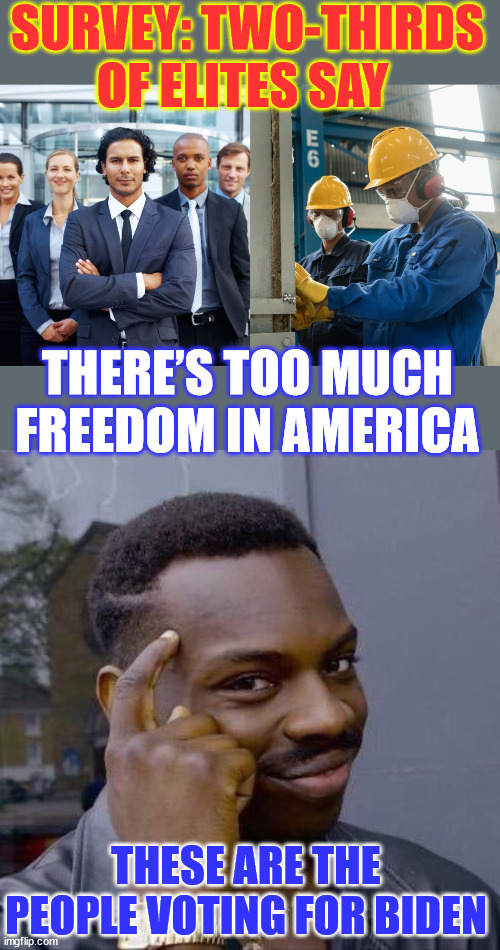 If you want them to take more of your freedoms, vote for their candidates... If not, Vote Trump | SURVEY: TWO-THIRDS OF ELITES SAY; THERE’S TOO MUCH FREEDOM IN AMERICA; THESE ARE THE PEOPLE VOTING FOR BIDEN | image tagged in thinking black guy,elites are anti trump,want your freedom,vote trump | made w/ Imgflip meme maker