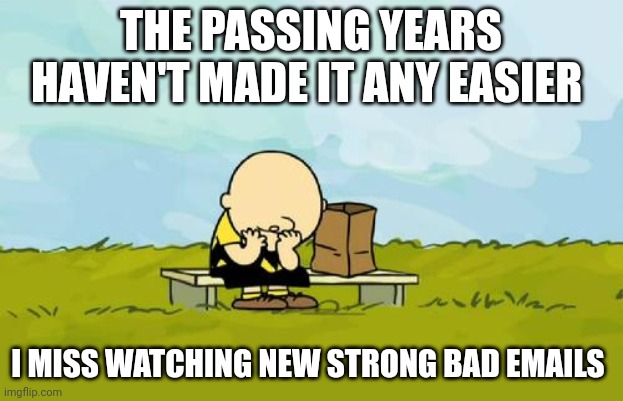 Sunrise, sunset | THE PASSING YEARS HAVEN'T MADE IT ANY EASIER; I MISS WATCHING NEW STRONG BAD EMAILS | image tagged in depressed charlie brown | made w/ Imgflip meme maker