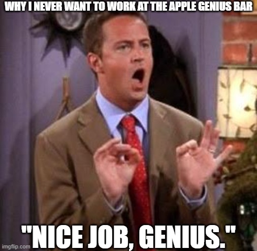 Genius Bar Sarcasm | WHY I NEVER WANT TO WORK AT THE APPLE GENIUS BAR; "NICE JOB, GENIUS." | image tagged in chandler bing,genius bar,apple,tim apple | made w/ Imgflip meme maker