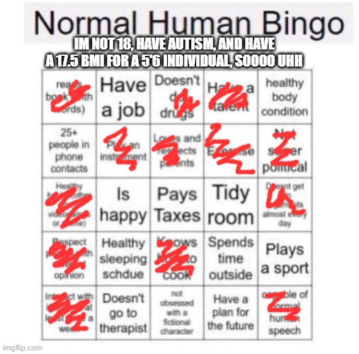Normal human bingo | IM NOT 18, HAVE AUTISM, AND HAVE A 17.5 BMI FOR A 5'6 INDIVIDUAL, SOOOO UHH | image tagged in normal human bingo | made w/ Imgflip meme maker