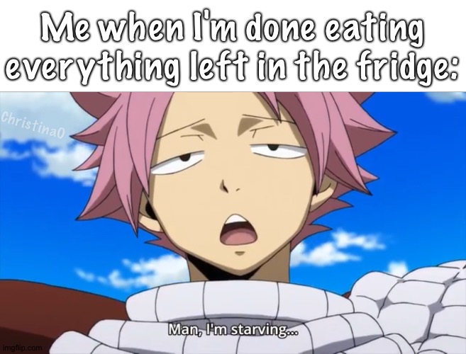 Fairy Tail Memes | Me when I'm done eating everything left in the fridge:; ChristinaO | image tagged in fairy tail,memes,anime meme,natsu dragneel,fairy tail meme,fairy tail memes | made w/ Imgflip meme maker