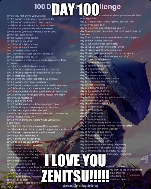 100 day anime challenge | DAY 100; I LOVE YOU ZENITSU!!!!! | image tagged in 100 day anime challenge | made w/ Imgflip meme maker
