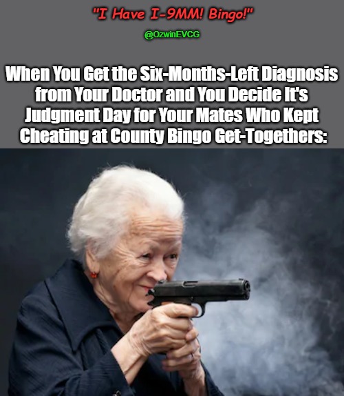 "I Have I-9MM! Bingo!" | "I Have I-9MM! Bingo!"; @OzwinEVCG; When You Get the Six-Months-Left Diagnosis 

from Your Doctor and You Decide It's 

Judgment Day for Your Mates Who Kept 

Cheating at County Bingo Get-Togethers: | image tagged in that awkward moment,grandma with a gun,yolo,bingo,dark humor,vengeance gran | made w/ Imgflip meme maker