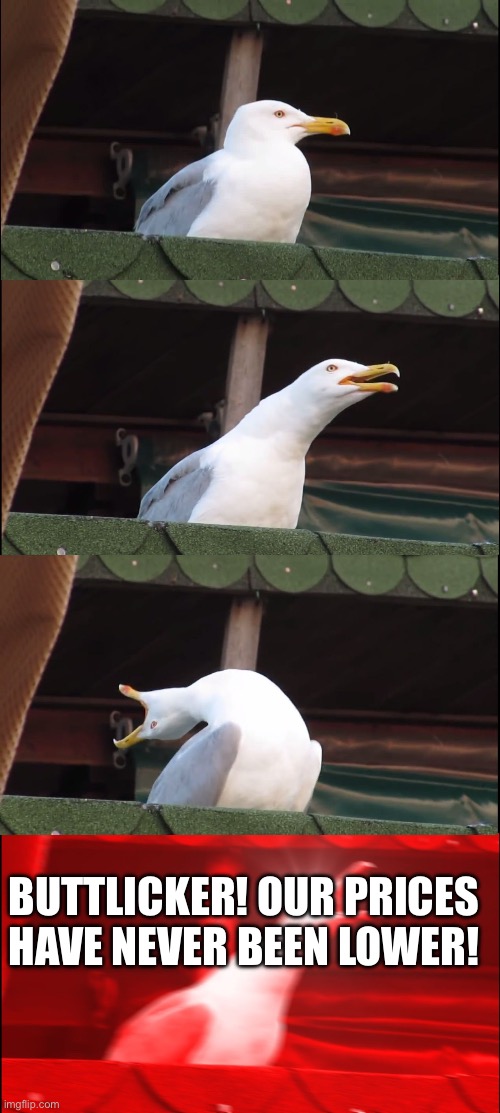 Inhaling Seagull Meme | BUTTLICKER! OUR PRICES HAVE NEVER BEEN LOWER! | image tagged in memes,inhaling seagull | made w/ Imgflip meme maker