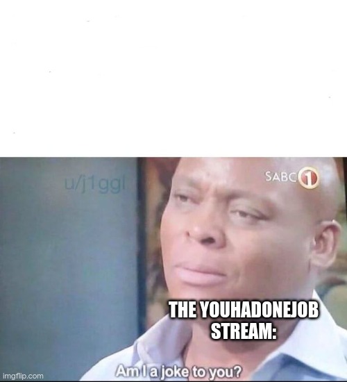 am I a joke to you | THE YOUHADONEJOB STREAM: | image tagged in am i a joke to you | made w/ Imgflip meme maker