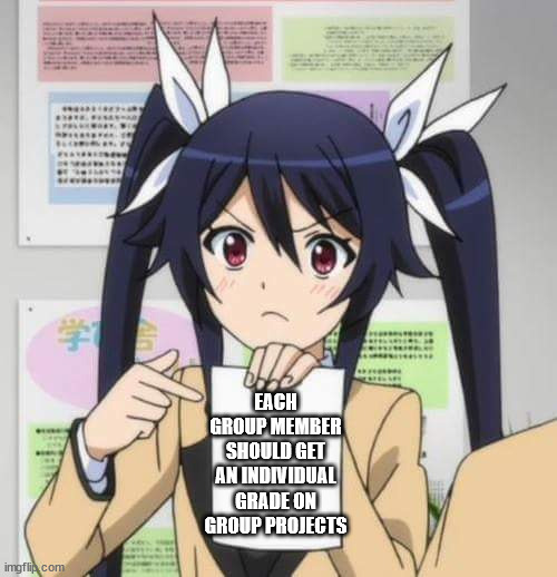 group projects | EACH GROUP MEMBER SHOULD GET AN INDIVIDUAL GRADE ON GROUP PROJECTS | image tagged in girl anime,group projects,school,project,grades | made w/ Imgflip meme maker