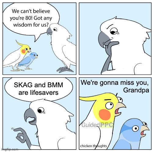 Google Ads Grandpa Spotted | SKAG and BMM are lifesavers; We're gonna miss you, 
                      Grandpa | image tagged in custom ur wise cockatoo,google ads,meme,memes | made w/ Imgflip meme maker