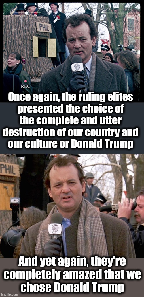 Groundhog Day | Once again, the ruling elites
presented the choice of
the complete and utter
destruction of our country and
our culture or Donald Trump; And yet again, they're
completely amazed that we
chose Donald Trump | image tagged in groundhog day,donald trump,democrats,destruction of america,election 2024,joe biden | made w/ Imgflip meme maker