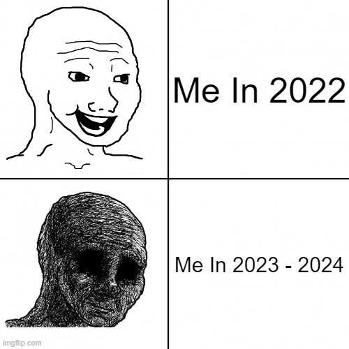 ... | Me In 2022; Me In 2023 - 2024 | image tagged in happy wojak vs depressed wojak | made w/ Imgflip meme maker
