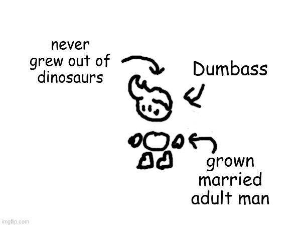 i made a guy (he is very important for later) | never grew out of dinosaurs; Dumbass; grown married adult man | image tagged in iwb | made w/ Imgflip meme maker