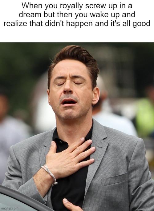 Oddly specific, but true | When you royally screw up in a dream but then you wake up and realize that didn't happen and it's all good | image tagged in relieved rdj | made w/ Imgflip meme maker