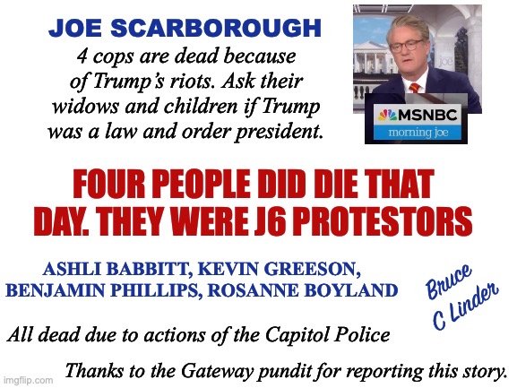 J6 Deaths | JOE SCARBOROUGH; 4 cops are dead because of Trump’s riots. Ask their widows and children if Trump was a law and order president. FOUR PEOPLE DID DIE THAT DAY. THEY WERE J6 PROTESTORS; ASHLI BABBITT, KEVIN GREESON, 
BENJAMIN PHILLIPS, ROSANNE BOYLAND; Bruce
C Linder; All dead due to actions of the Capitol Police; Thanks to the Gateway pundit for reporting this story. | image tagged in j6 deaths,joe scarborough,suicide,epstein,j6 | made w/ Imgflip meme maker