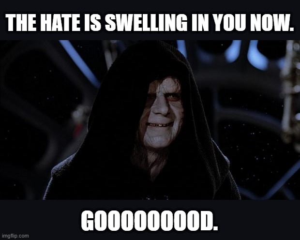 Let the hate flow through you | THE HATE IS SWELLING IN YOU NOW. GOOOOOOOOD. | image tagged in let the hate flow through you | made w/ Imgflip meme maker