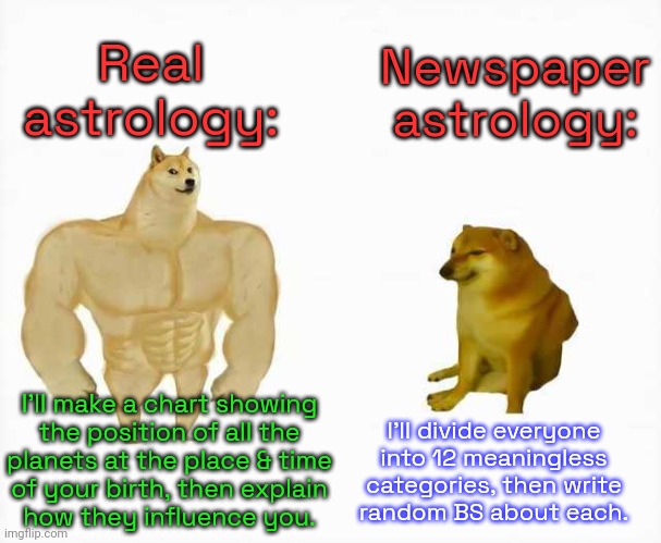 Appropriation. | Real
astrology:; Newspaper astrology:; I'll make a chart showing
the position of all the
planets at the place & time
of your birth, then explain
how they influence you. I'll divide everyone into 12 meaningless categories, then write
random BS about each. | image tagged in strong dog vs weak dog,corruption,disrespect,tradition | made w/ Imgflip meme maker