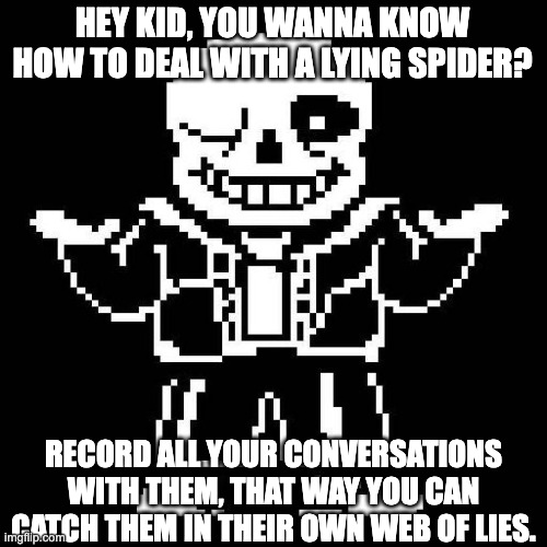 sans undertale | HEY KID, YOU WANNA KNOW HOW TO DEAL WITH A LYING SPIDER? RECORD ALL YOUR CONVERSATIONS WITH THEM, THAT WAY YOU CAN CATCH THEM IN THEIR OWN WEB OF LIES. | image tagged in sans undertale,undertale,sans,pun,spider,comedy | made w/ Imgflip meme maker