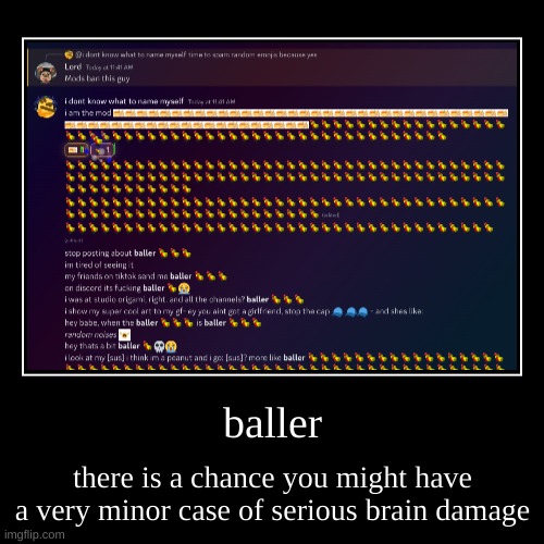 time to spam random emojis because yes | baller | there is a chance you might have a very minor case of serious brain damage | image tagged in funny,demotivationals | made w/ Imgflip demotivational maker