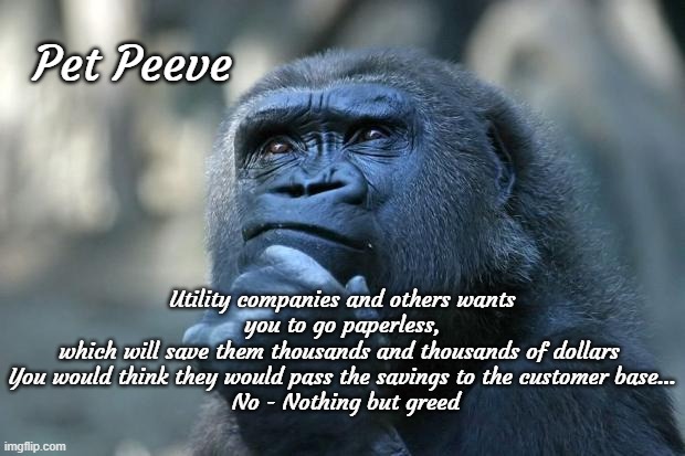 Pet peeve | Pet Peeve; Utility companies and others wants you to go paperless,
which will save them thousands and thousands of dollars 
You would think they would pass the savings to the customer base...
 No - Nothing but greed | image tagged in deep thoughts | made w/ Imgflip meme maker