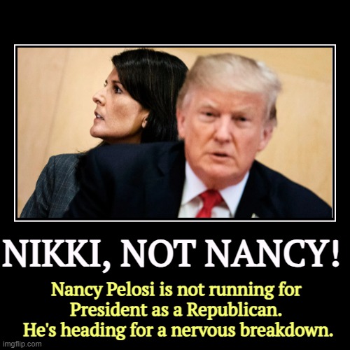 Tell the men with butterfly nets to stand by. He's cracking up. | NIKKI, NOT NANCY! | Nancy Pelosi is not running for 
President as a Republican. 
He's heading for a nervous breakdown. | image tagged in funny,demotivationals,nikki haley,nancy pelosi,donald trump,nervous | made w/ Imgflip demotivational maker