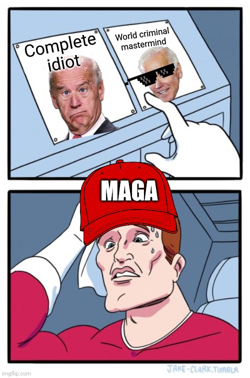 Two Buttons Meme | Complete idiot World criminal mastermind MAGA | image tagged in memes,two buttons | made w/ Imgflip meme maker