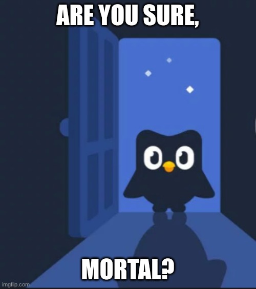 Duolingo bird | ARE YOU SURE, MORTAL? | image tagged in duolingo bird | made w/ Imgflip meme maker