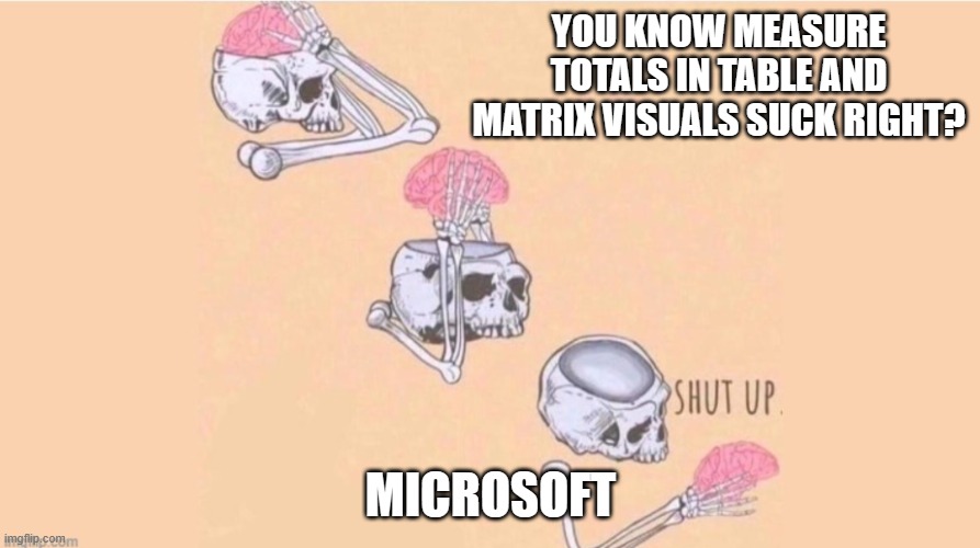 shut up brain | YOU KNOW MEASURE TOTALS IN TABLE AND MATRIX VISUALS SUCK RIGHT? MICROSOFT | image tagged in shut up brain | made w/ Imgflip meme maker