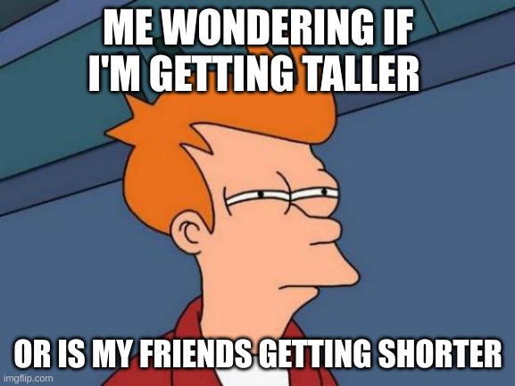 relatable? | ME WONDERING IF I'M GETTING TALLER; OR IS MY FRIENDS GETTING SHORTER | image tagged in memes,futurama fry | made w/ Imgflip meme maker