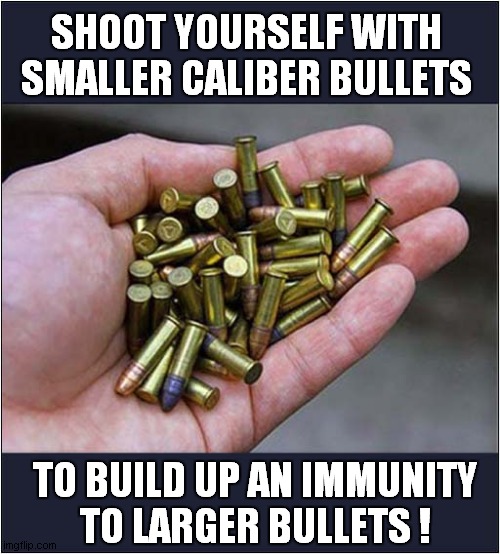 Follow Me For More Terrible Advice ! | SHOOT YOURSELF WITH SMALLER CALIBER BULLETS; TO BUILD UP AN IMMUNITY
TO LARGER BULLETS ! | image tagged in shooting,bullets,immunity,terrible,advice,dark humour | made w/ Imgflip meme maker