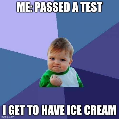 Yessssssssss!!!!!!! | ME: PASSED A TEST; I GET TO HAVE ICE CREAM | image tagged in memes,success kid | made w/ Imgflip meme maker