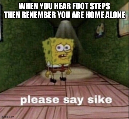 please say sike | WHEN YOU HEAR FOOT STEPS THEN RENEMBER YOU ARE HOME ALONE | image tagged in please say sike | made w/ Imgflip meme maker